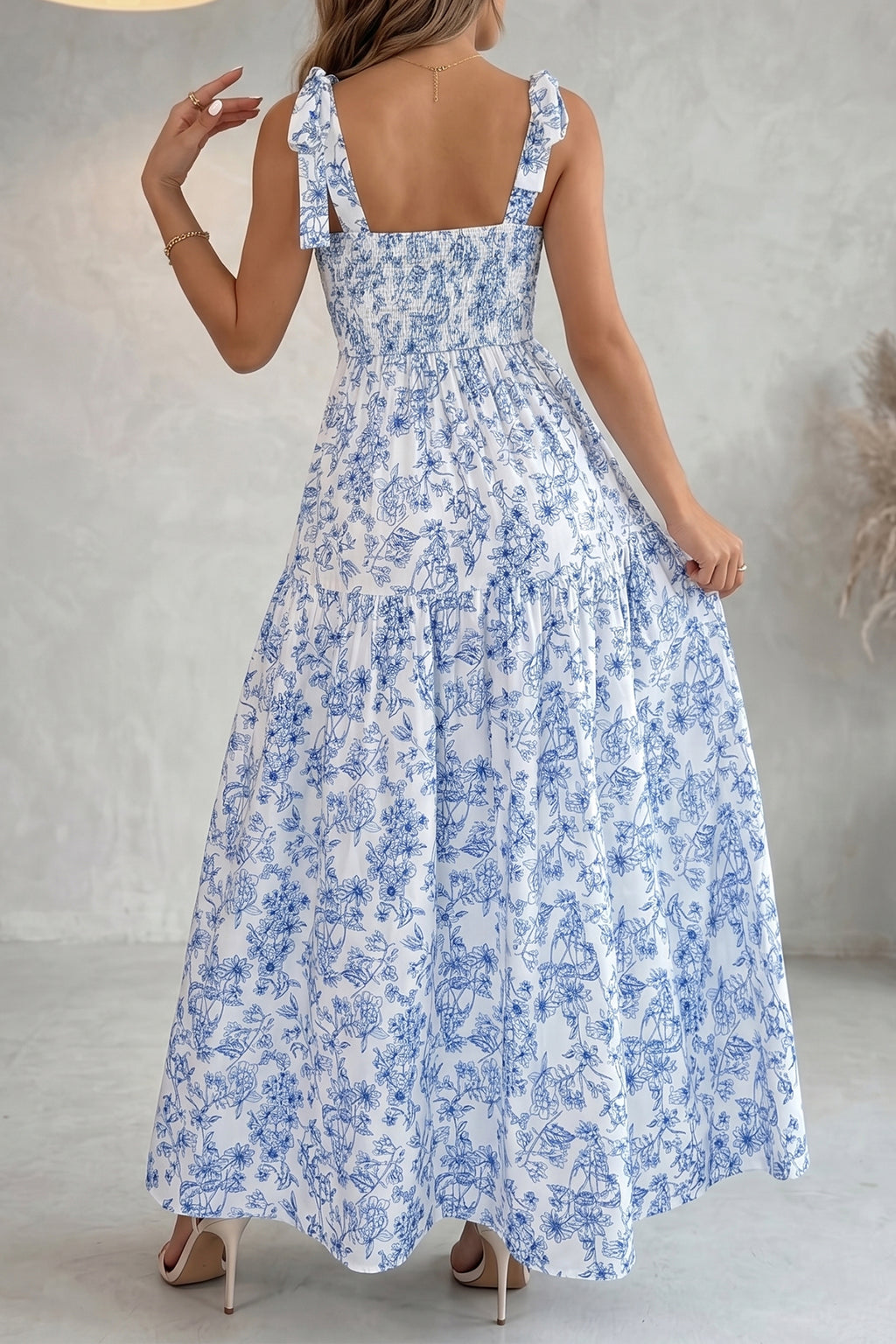Knot Straps Floral Print High Waist Flared Maxi Dress | Floral Flare High Waist Dress