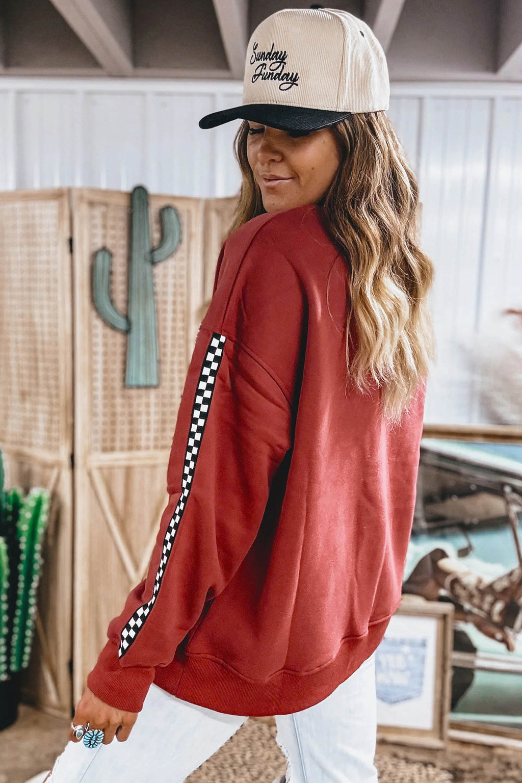 Redwood Checkered-Trim Sweatshirt