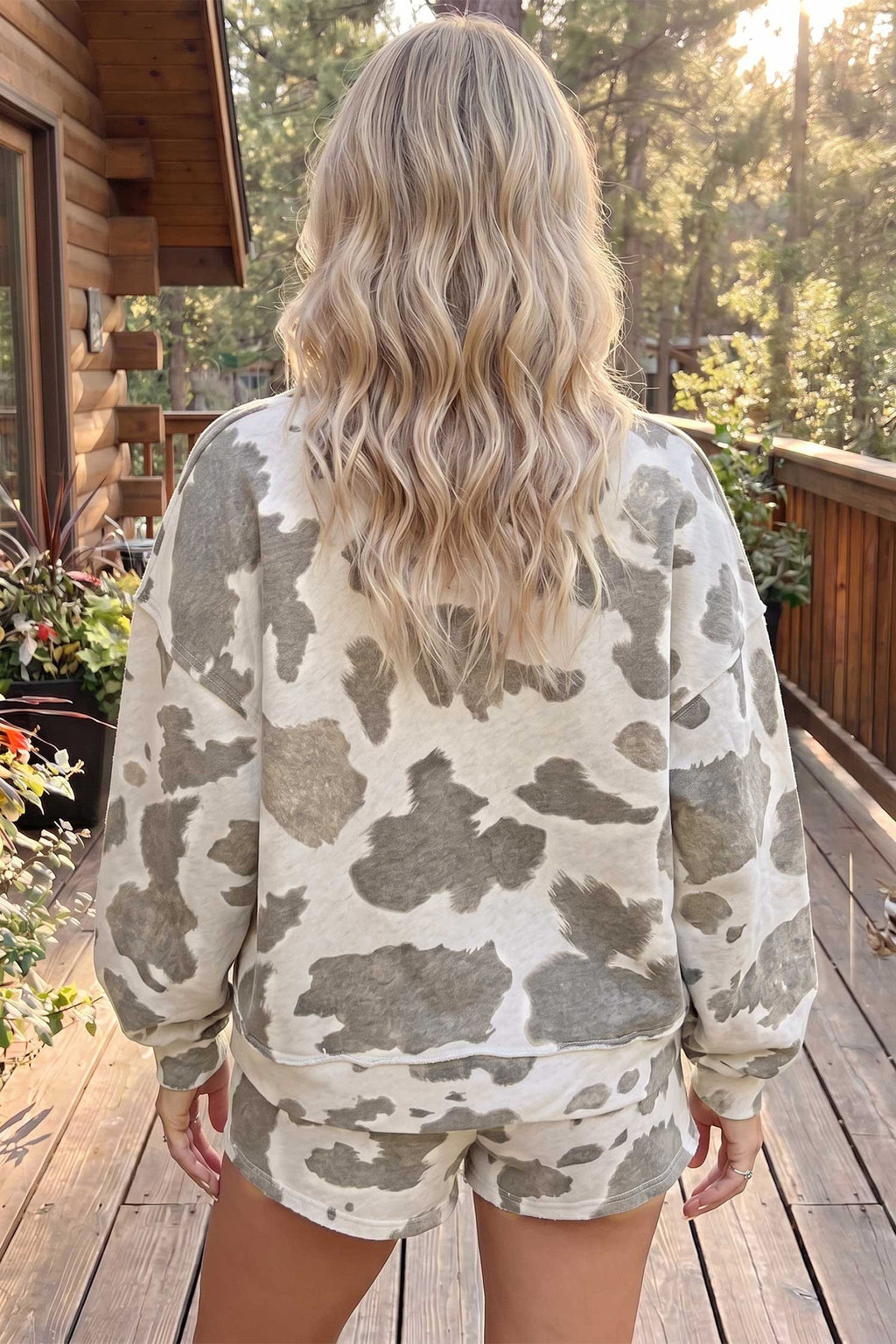 Gray Western Print Raw-Hem Long-Sleeve Top Drawstring Shorts Set