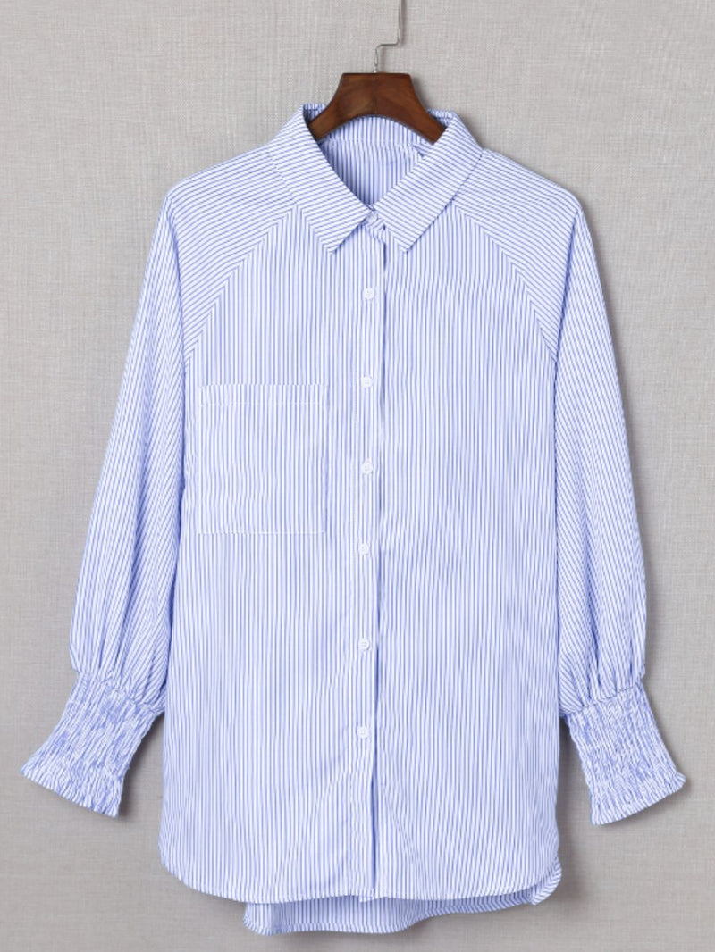 Hazel Blues® |  Striped Collared Neck Lantern Sleeve Shirt