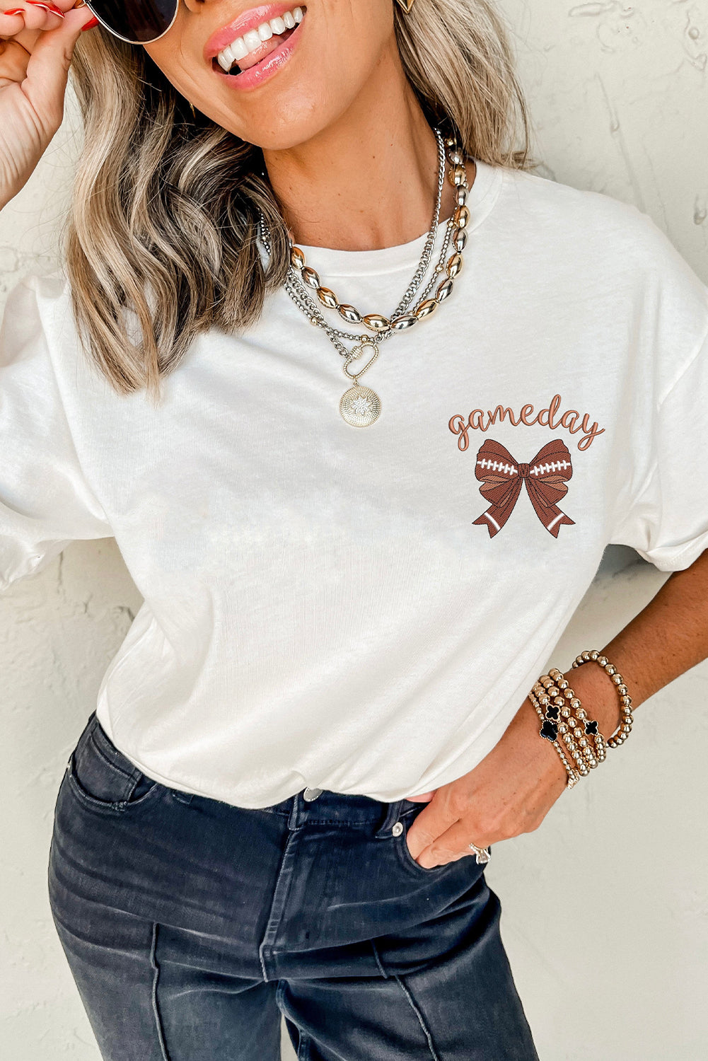 Hazel Blues® |  White Game Day Bowknot Embroidered Graphic Casual Tee