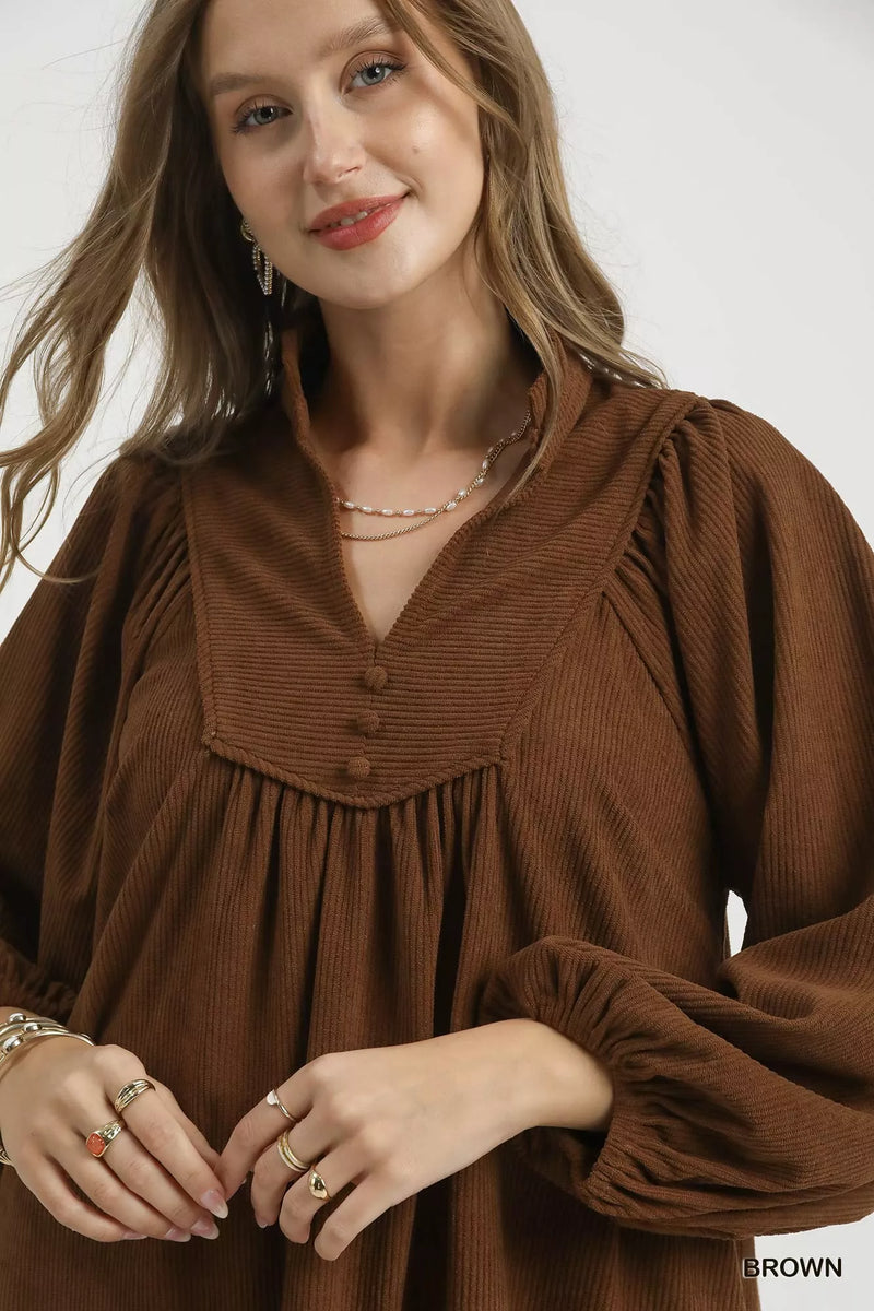 Hazel Blues | Umgee Corduroy Tiered Babydoll Dress Brown / S Hazel Blues | Umgee Corduroy Tiered Babydoll Dress Brown / S