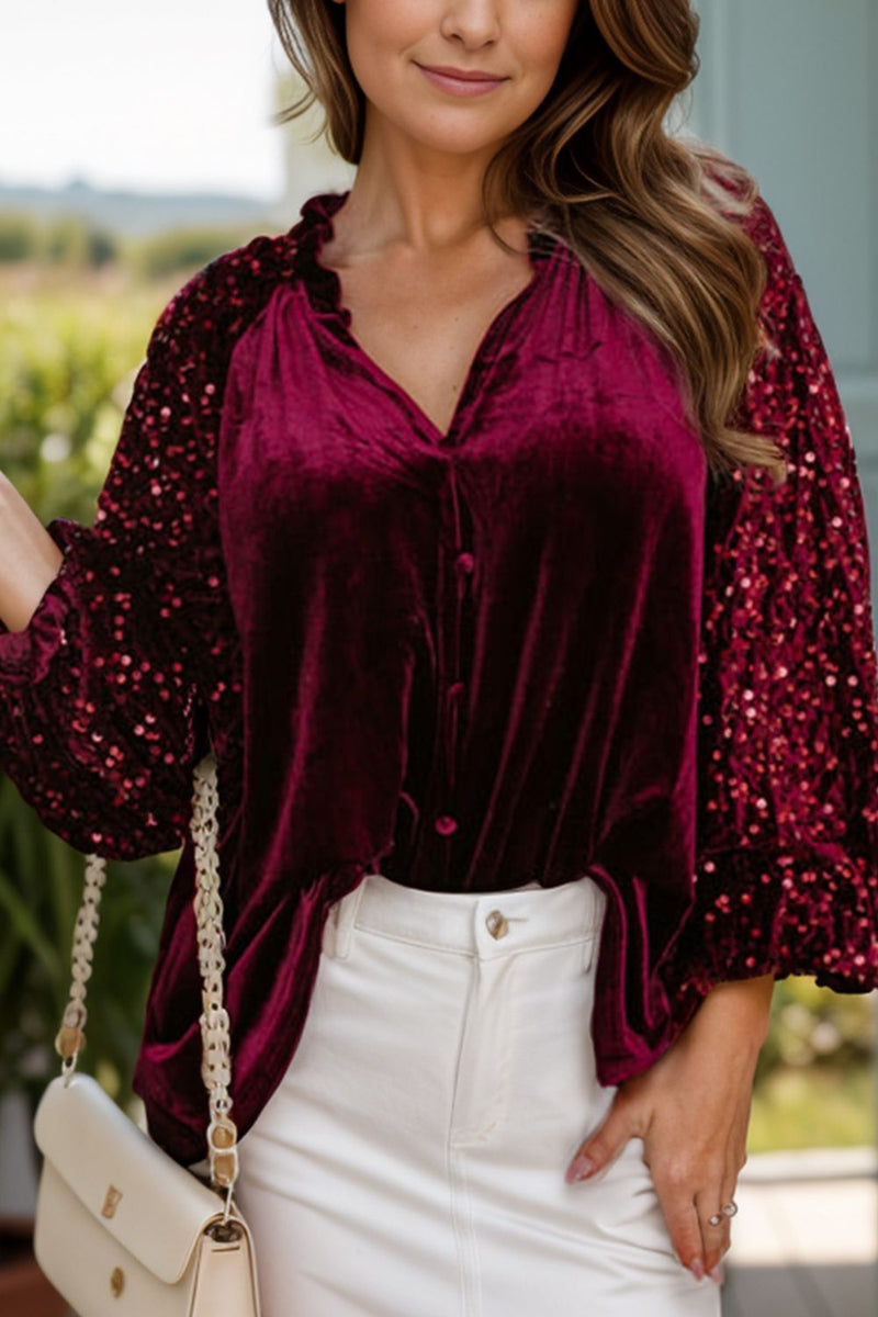 Hazel Blues® |  Sequin Notched Long Sleeve Blouse