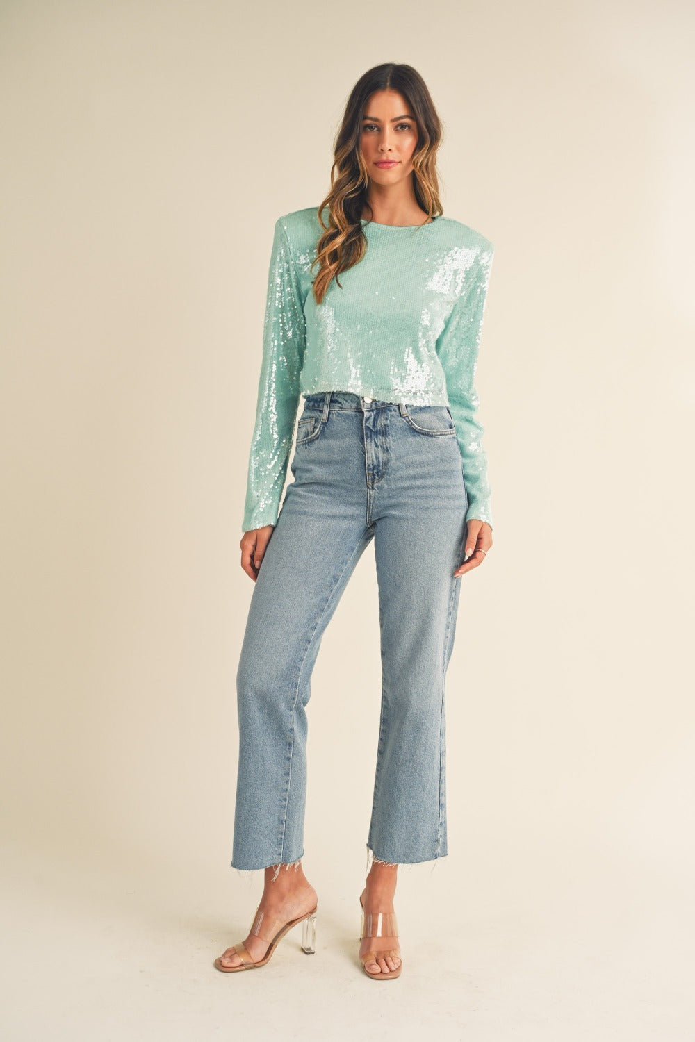 Hazel Blues® |  MABLE Shoulder Padded Sequin Crop Top