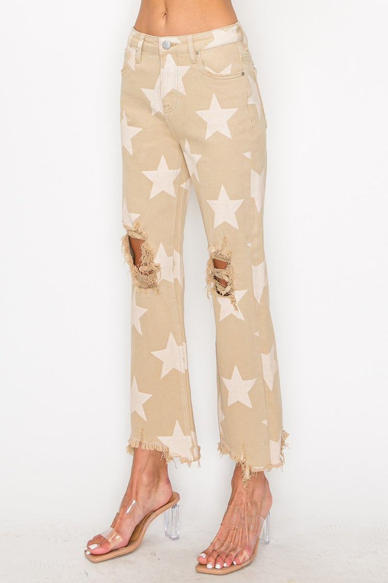 Hazel Blues® |  RISEN High Rise Star Printed Frayed Hem Jeans