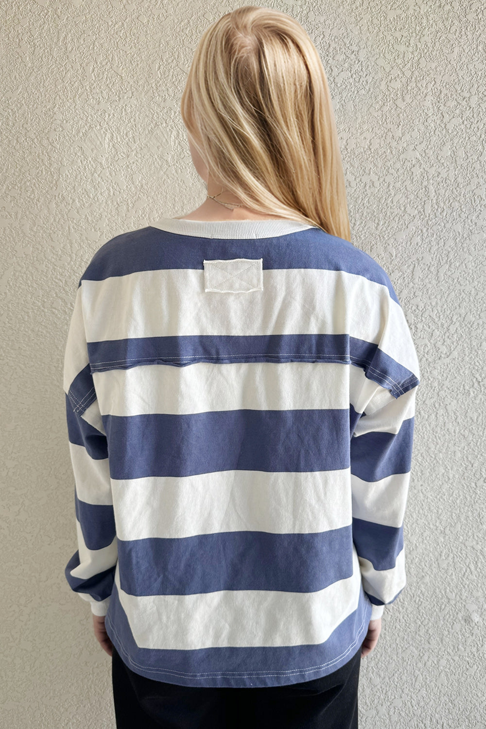 Hazel Blues® |  Oh Pima Cotton Wash Exposed Seam Contrast Striped Round Neck Long Sleeve T-Shirt