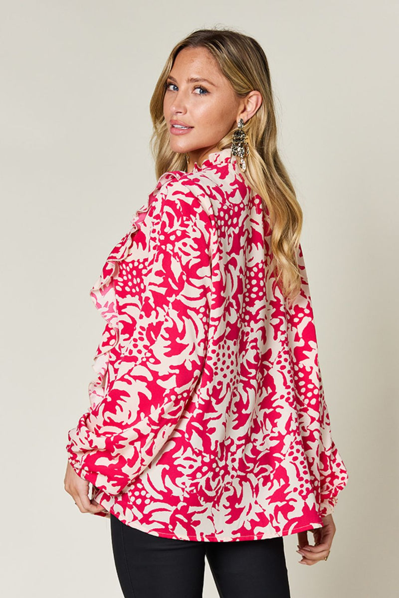 Hazel Blues® |  Double Take Printed Ruffle Trim Balloon Sleeve Shirt