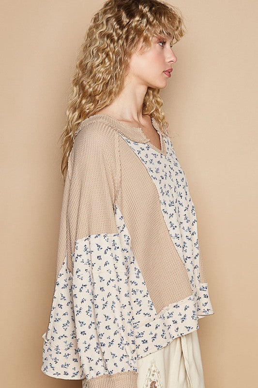 Hazel Blues® |  POL Waffle Knit Floral Notched Long Sleeve Top