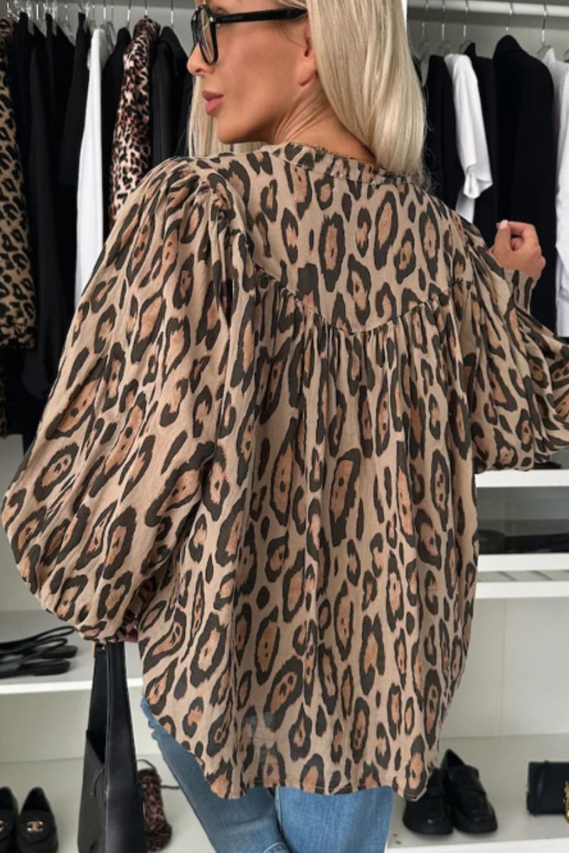 Hazel Blues® |  Leopard Notched Long Sleeve Blouse