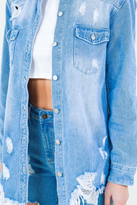 Hazel Blues® |  American Bazi Frayed Hem Distressed Denim Shirt Jacket