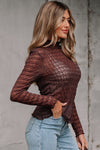 Hazel Blues® |  Coffee Sheer Mesh Patterned Lettuce Trim Slim Long Sleeve Top