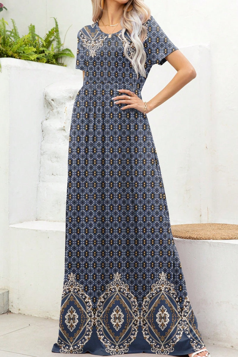 Hazel Blues® |  Printed Round Neck Short Sleeve Maxi Dress