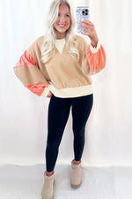 Hazel Blues® |  Light French Beige Color Block Textured Patchwork Pullover Sweatshirt