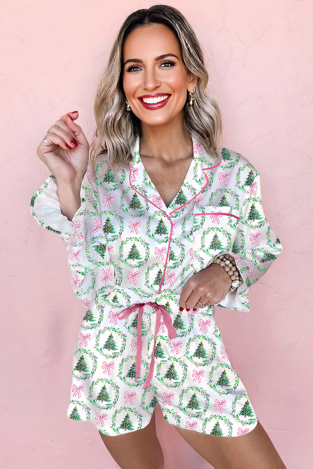 Holiday Glow Velvet-Trim Pajama Short Set — Green