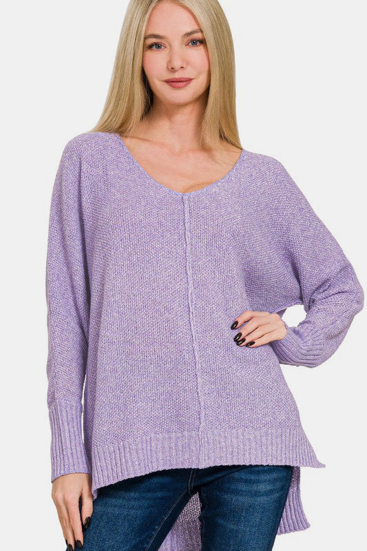 Hazel Blues® |  Zenana High-Low Center Seam V-Neck Sweater