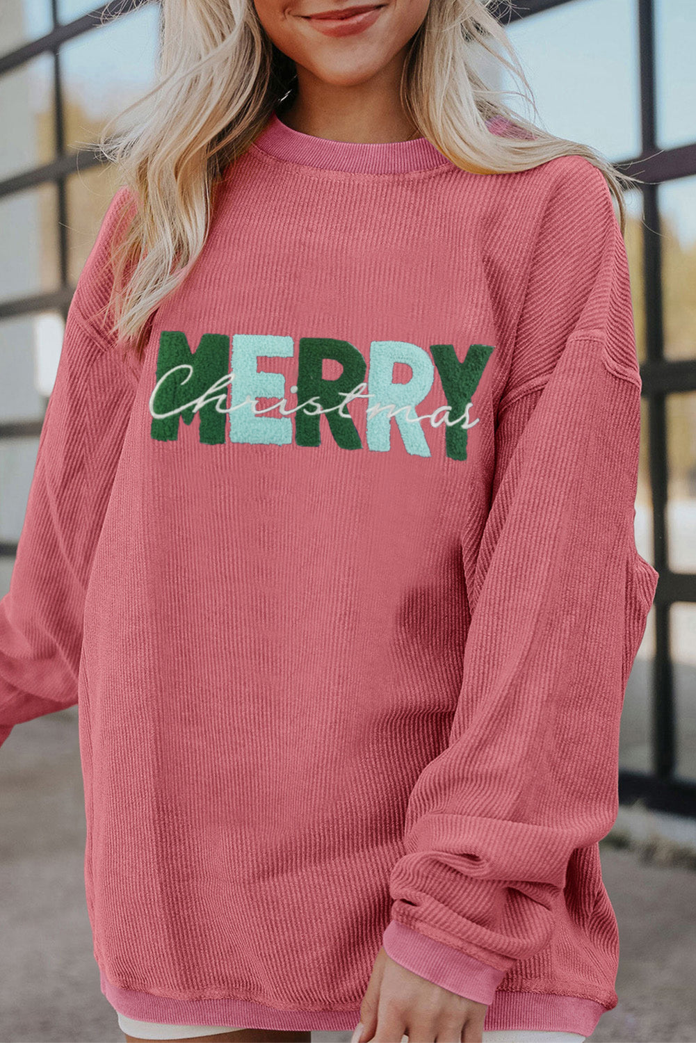 Hazel Blues® |  Strawberry Pink MERRY Christmas Chenille Embroidered Corded Sweatshirt