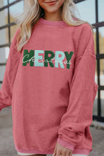Hazel Blues® |  Strawberry Pink MERRY Christmas Chenille Embroidered Corded Sweatshirt