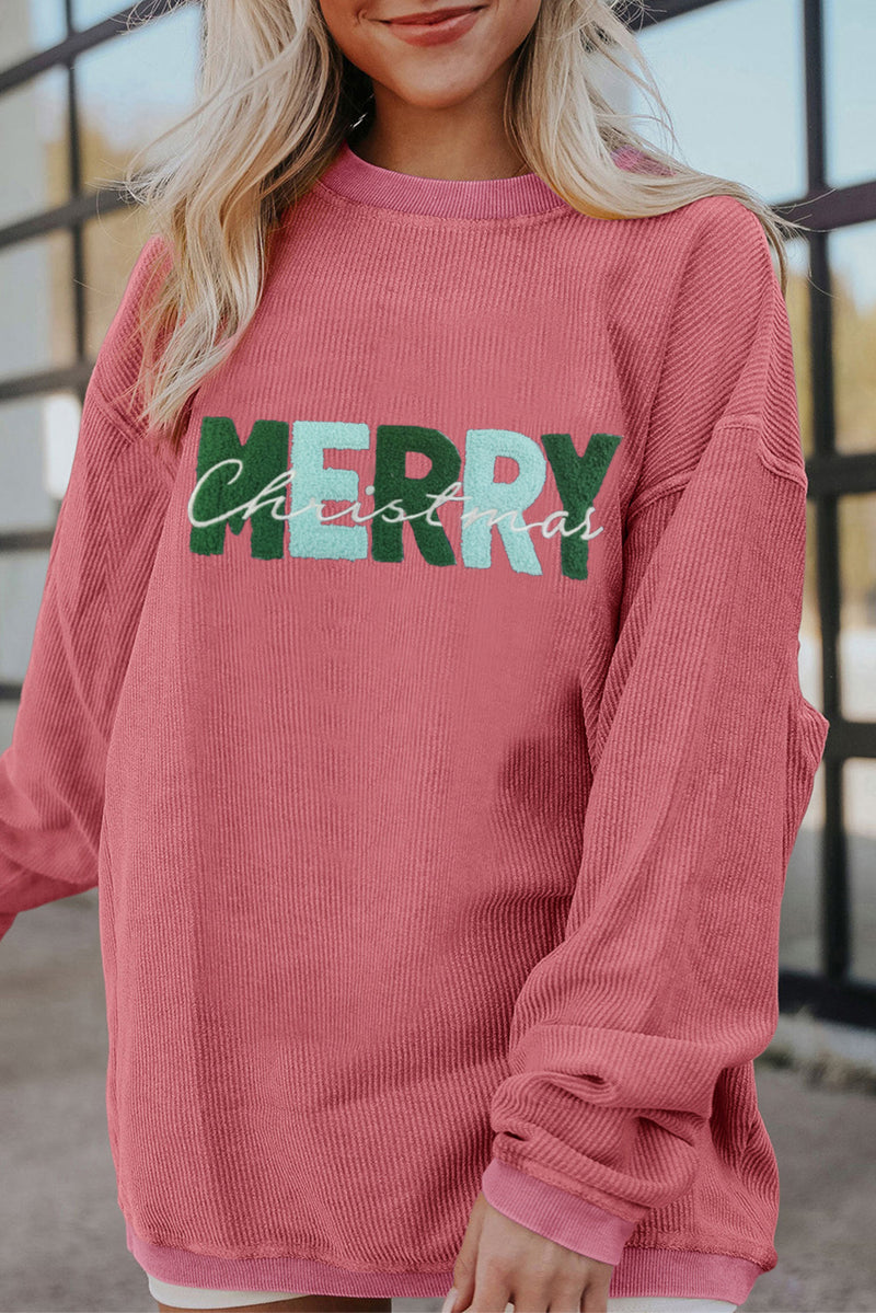 Hazel Blues® |  Strawberry Pink MERRY Christmas Chenille Embroidered Corded Sweatshirt