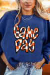 Hazel Blues® |  Dark Blue Chenille Checkered Game Day Graphic Drop Shoulder Corded Sweatshirt