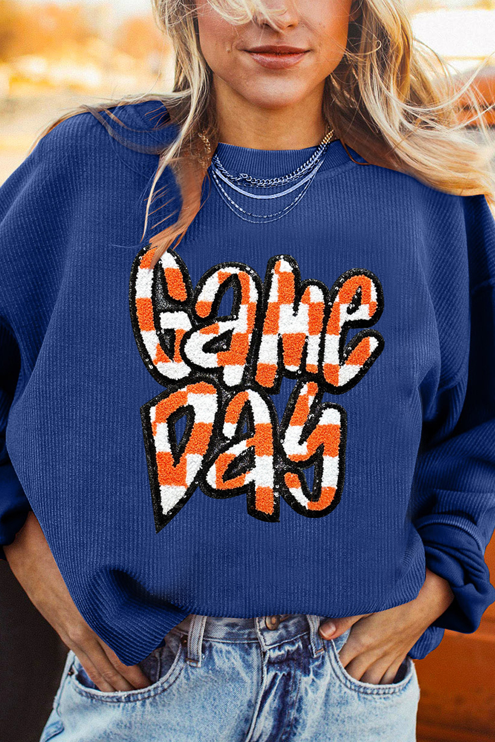 Hazel Blues® |  Dark Blue Chenille Checkered Game Day Graphic Drop Shoulder Corded Sweatshirt