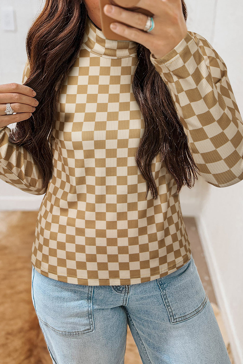 Hazel Blues® |  Khaki Check Pattern Turtleneck Ribbed Slim Long Sleeve Tee
