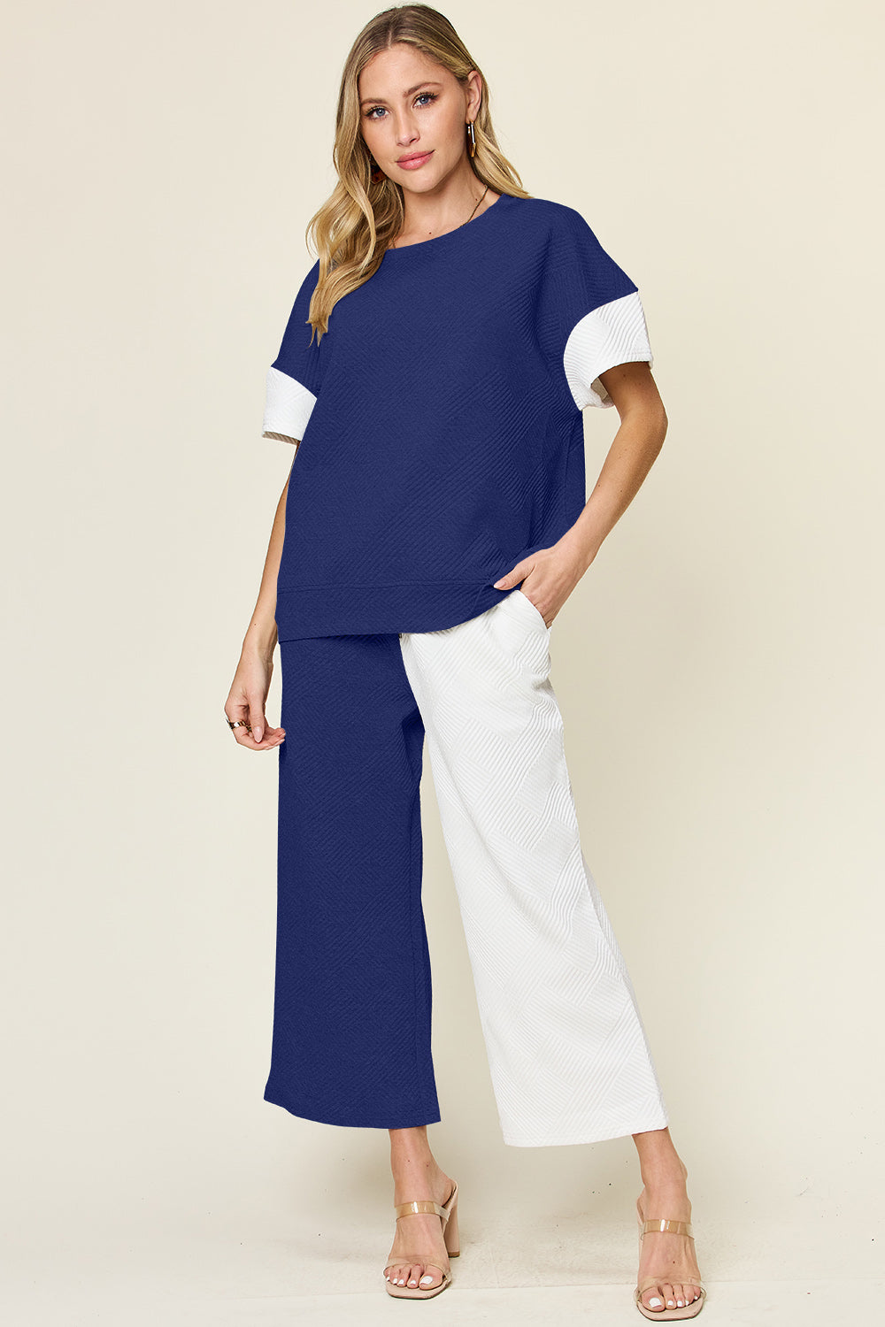 Hazel Blues® |  Double Take Texture Contrast T-Shirt and Wide Leg Pants Set