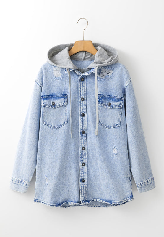 Hazel Blues® |  Distressed Button Up Hooded Denim Jacket with Pockets