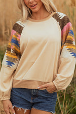 Hazel Blues® |  Light French Beige Aztec Patchwork Raglan Pullover Sweatshirt