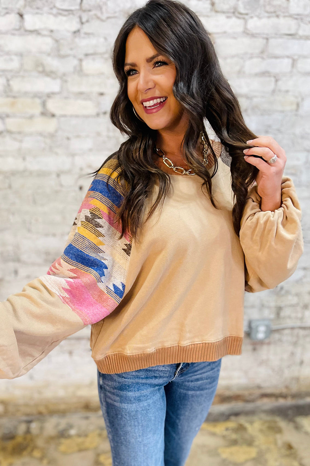 Hazel Blues® |  Light French Beige Aztec Patchwork Raglan Pullover Sweatshirt