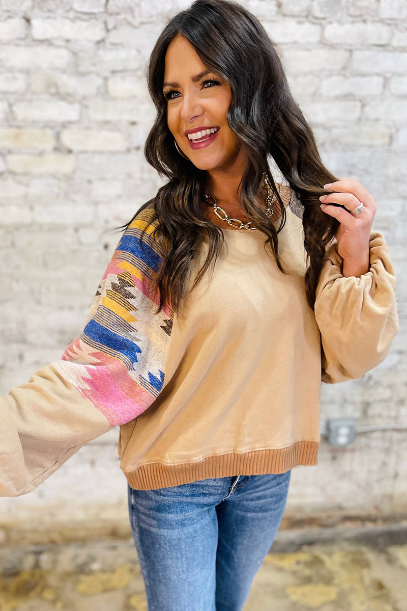 Hazel Blues® |  Light French Beige Aztec Patchwork Raglan Pullover Sweatshirt