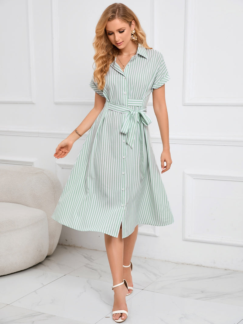 Hazel Blues® |  Striped Short Sleeve Tie Waist Midi Dress