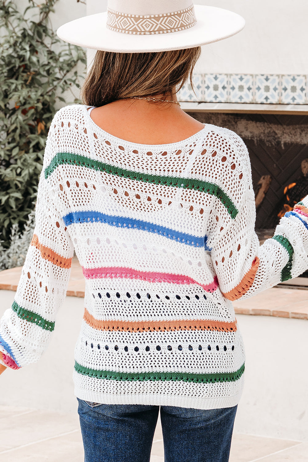 White Color-Block Striped Pointelle Knit Sweater