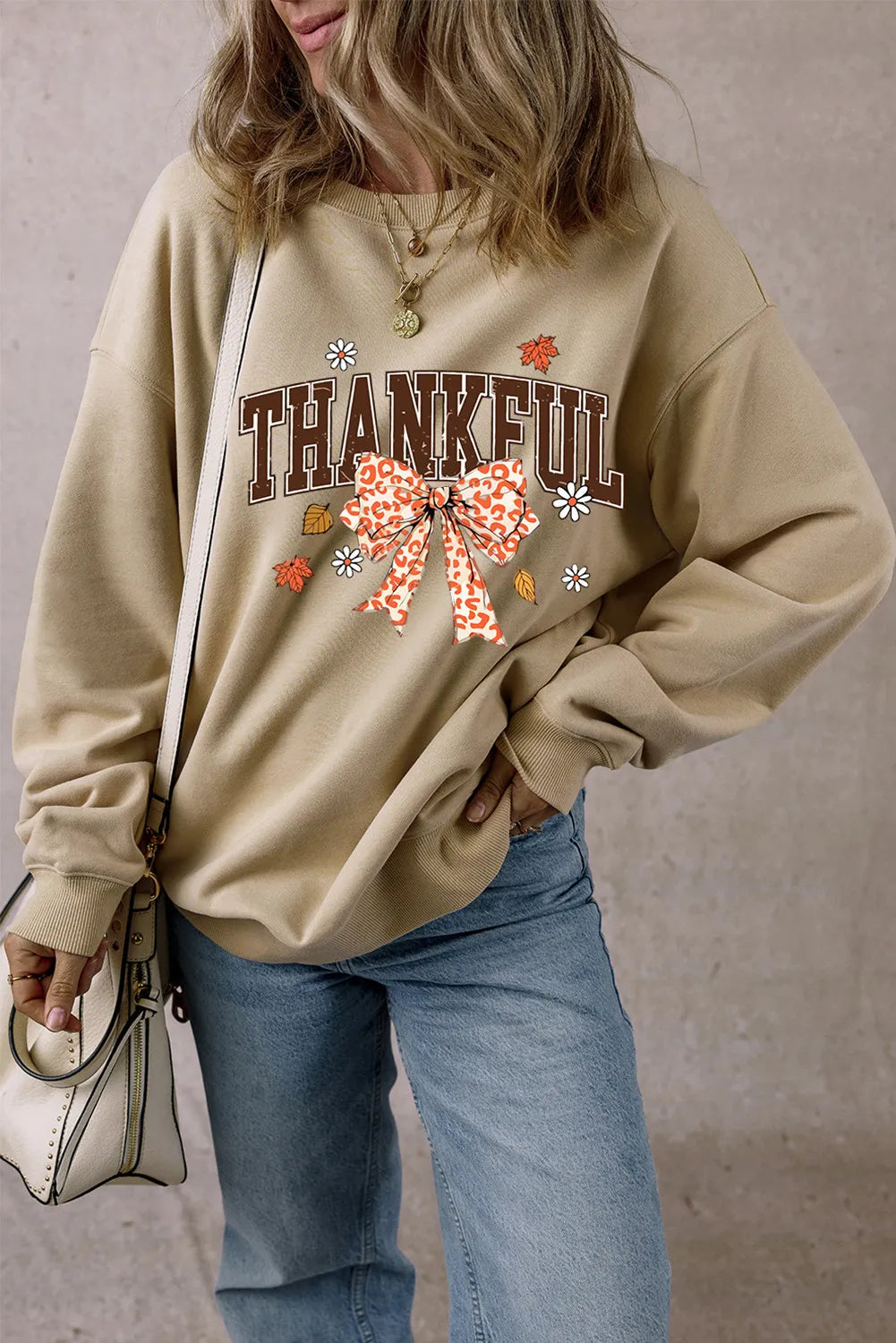 Hazel Blues® |  THANKFUL Bow Round Neck Long Sleeve Sweatshirt