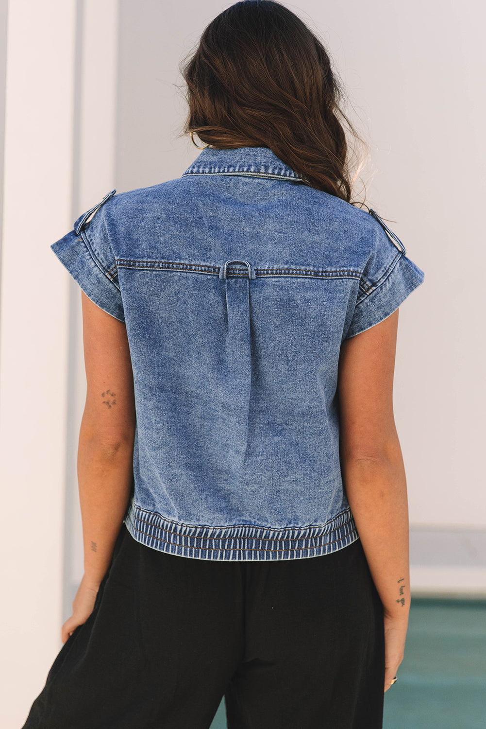 Ashleigh Blue Acid Wash Elastic Hem Button-Up Denim Vest
