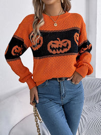 Hazel Blues® |  Pumpkin Round Neck Long Sleeve Sweater