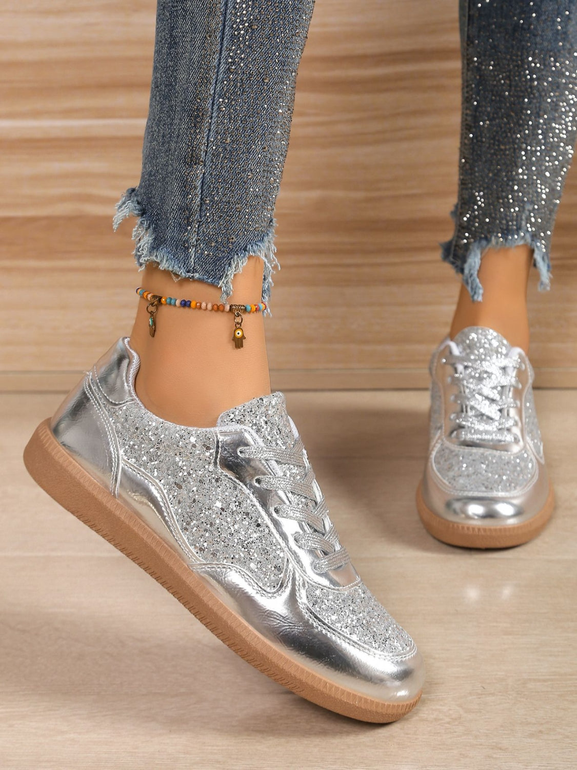 Hazel Blues® |  Sequin PU Leather Flat Sneakers