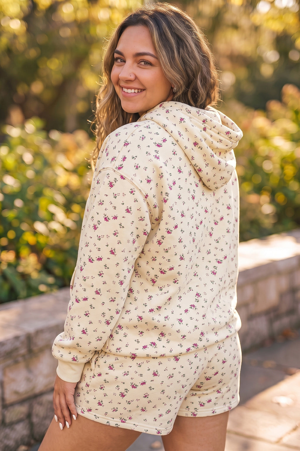 Beige Floral-Print Hooded Long-Sleeve Set