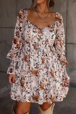 Hazel Blues® |  White Floral Print Sweetheart Neck Long Sleeve High Waist Mini Dress