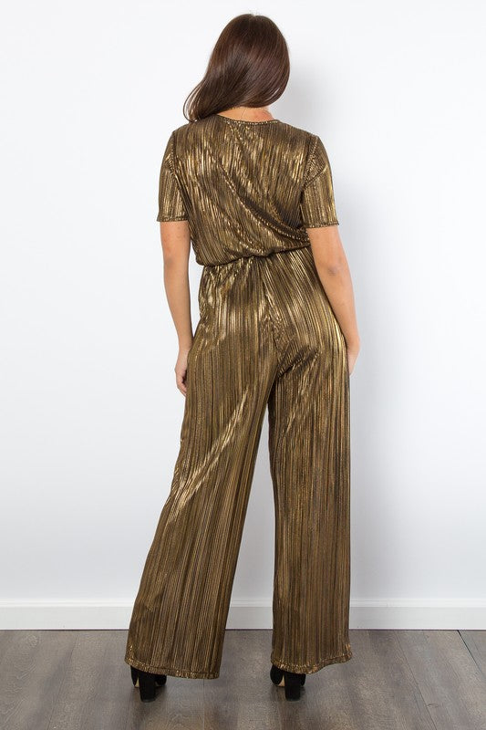 Hazel Blues® |  Be Stage Surplice Short Sleeve Pleated Foil Jumpsuit