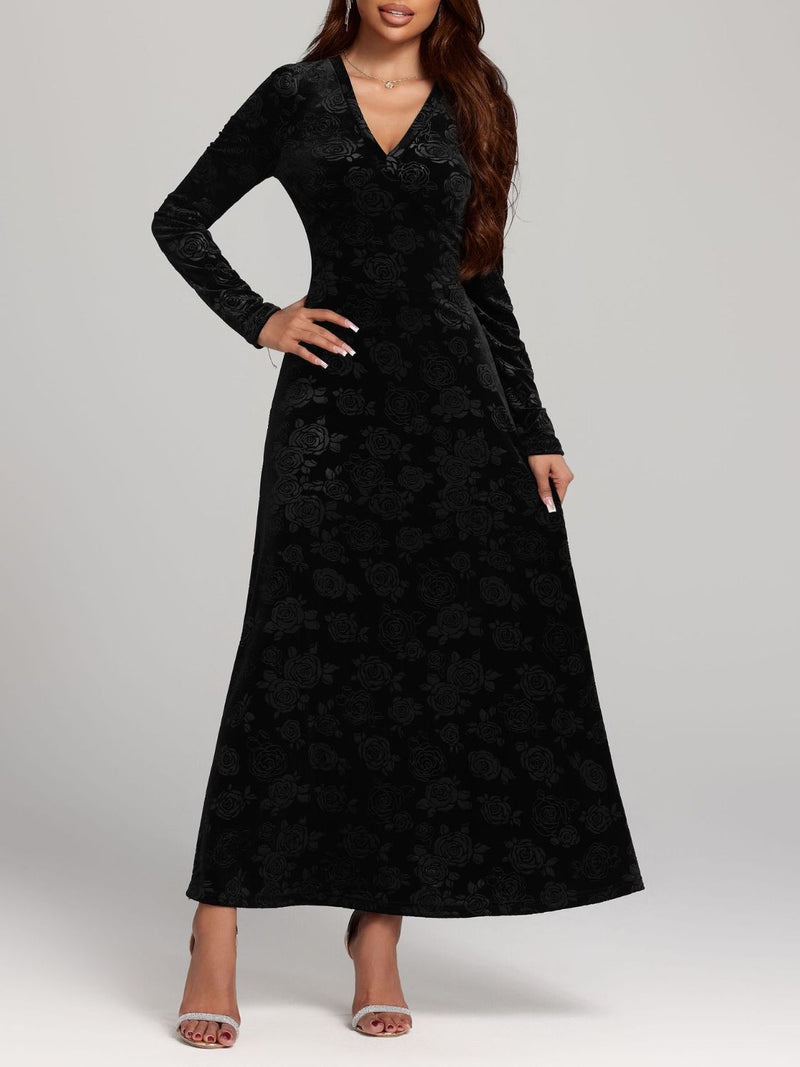 Hazel Blues® |  Rose Print V-Neck Long Sleeve Dress