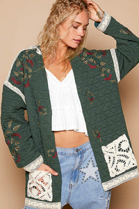 Hazel Blues® |  POL Embroidered Open Front Quilted Jacket with Crochet Pockets