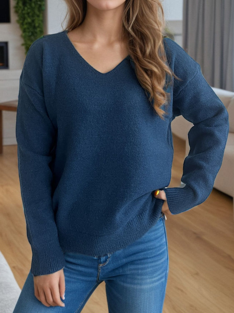 Hazel Blues® |  V-Neck Dropped Shoulder Long Sleeve Sweater