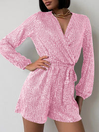 Hazel Blues® |  Sequin Surplice Tie Waist Long Sleeve Romper