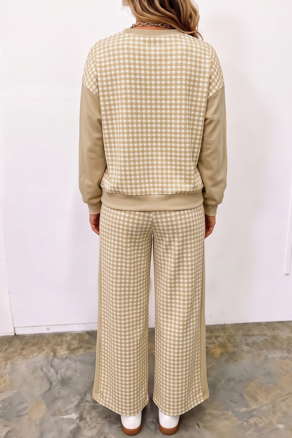 Savannah Pearl Khaki Plaid Color-Block Pants Set