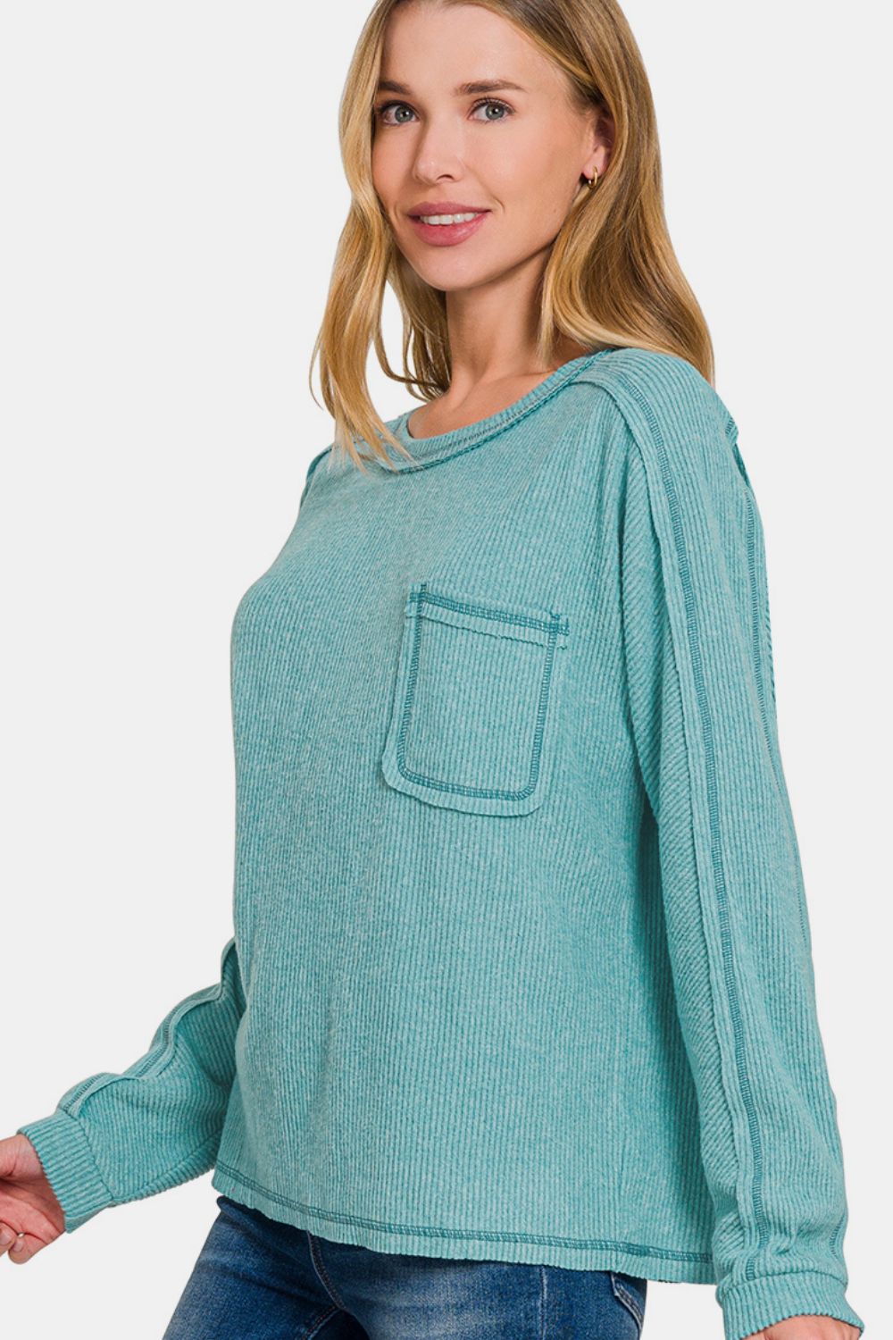 Hazel Blues® |  Zenana Contrast Stitching Brushed Ribbed Hacci Knit Top Plu Size