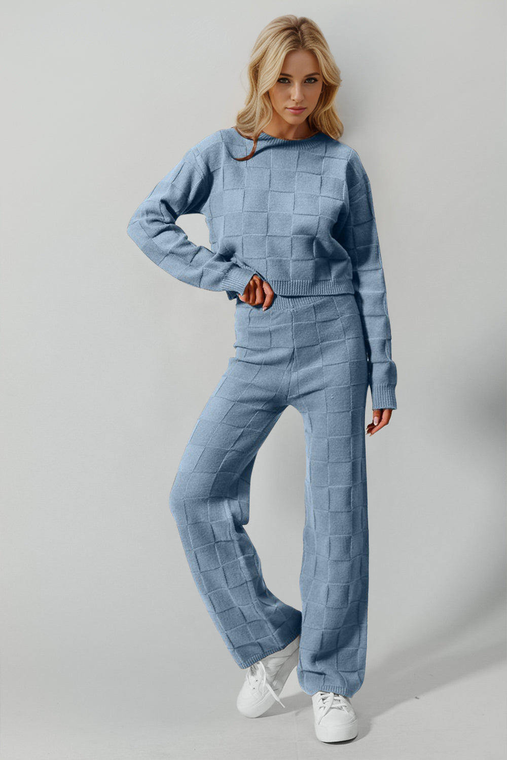 Hazel Blues® |  Double Take Checkered Round Neck Top and Pants Set