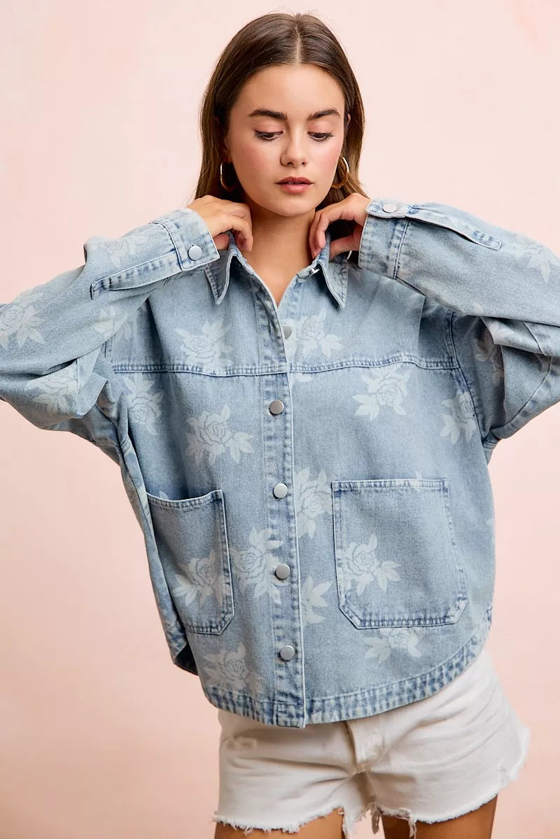 BiBi Printed Washed Denim Jacket With Pocket – Hazel Blues®