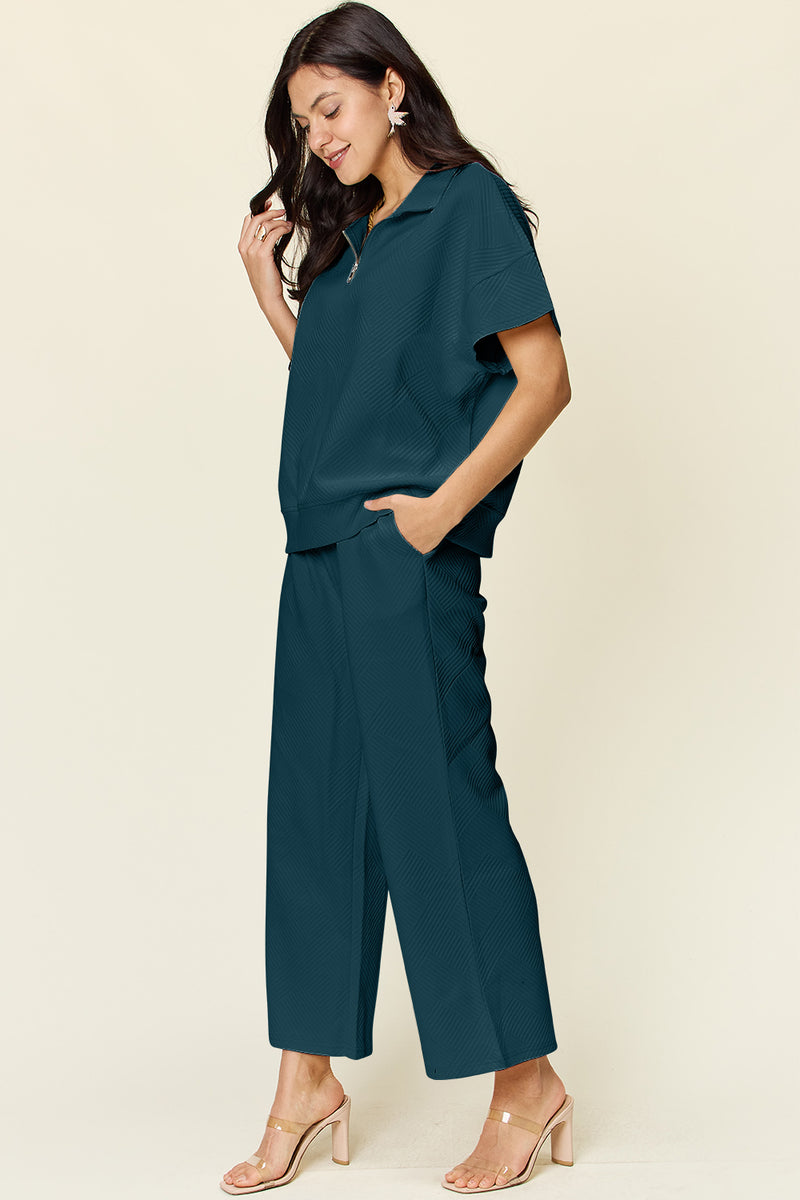 Hazel Blues® |  Double Take Texture Half Zip Short Sleeve Top and Pants Set