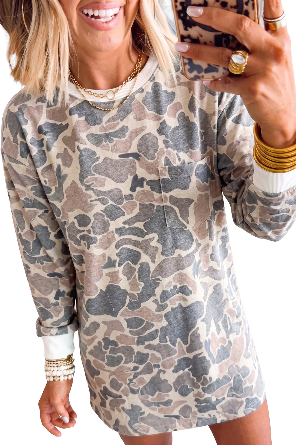 Beige Botanical Camo Print Long Sleeve Pocket Mini Dress
