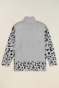 Hazel Blues® |  Slit Leopard Mock Neck Dropped Shoulder Sweater